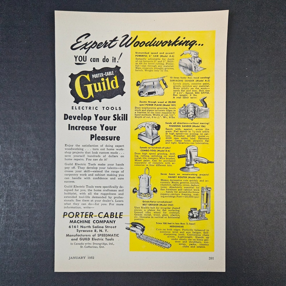 1952 Porter-Cable Machine Vintage Print Ad Speedmatic‎ Guild Tools Rochester NY
